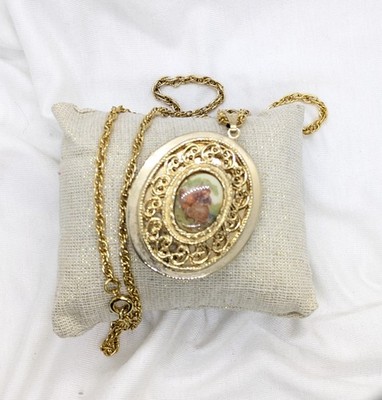 Vintage Gold Tone Portrait Locket Necklace Limoges Style Jewelry 24''