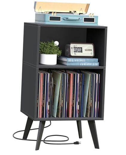 Vinyl Record Player Stand with Built-in Charging Station and Storage Display  