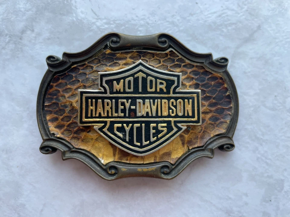 Boucle de Ceinture Harley Davidson Vintage 1978 RainTree Laiton Peau de Serpent - Photo 1/2
