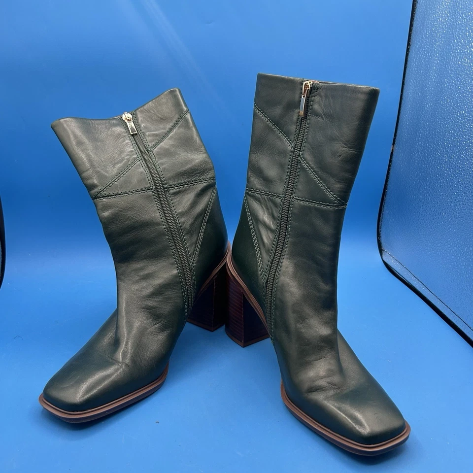 Franco Sarto Boots Womens 10M L Stevie Mid Calf Green Leather Zip Heels Pull On - Image 2 of 4