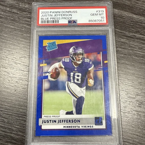 2020 Donruss 313 Justin Jefferson Minnesota Vikings Blue Press Proof Card PSA 10