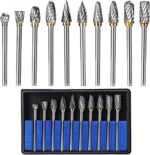 10Pcs Carbide Burr Set, Double Cut Tungsten Rotary Bits 3Mm Shaft and 1/8" Shank