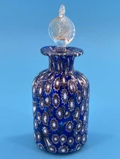 Stunning Murano Millefiori Perfume Bottle with Gold Leaf Dauber in Cobalt Blue