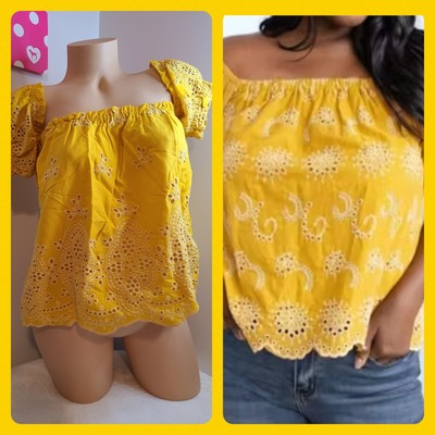 NWT Francesca's Eyelet Cotton Casual Summer Top Size M Yellow