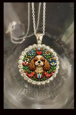 Folk Art Cocker Spaniel Cutie Rhinestones 925 Silver Necklace Great Gift Box