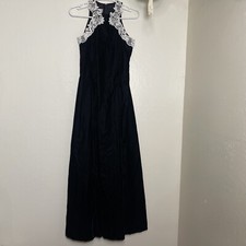 Jessica McClintock Gunne Sax Velvet Black/White Halter Maxi Gown 7/8 Lace Trim