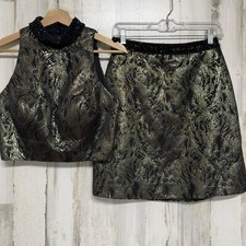 Sherri Hill Black Gold Print 2 Piece Set Top Skirt Size 6 Party Prom Homecoming