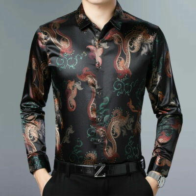 Mens Satin Shirts Floral Long Sleeve Collar Tops Button Down Office Casual  Retro | eBay