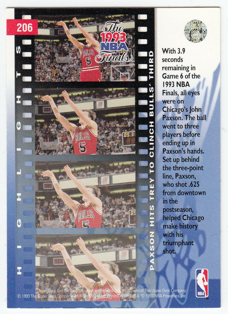 Upper Deck Basketball Trading Card #206 (1993) NBA Finals: John Paxson