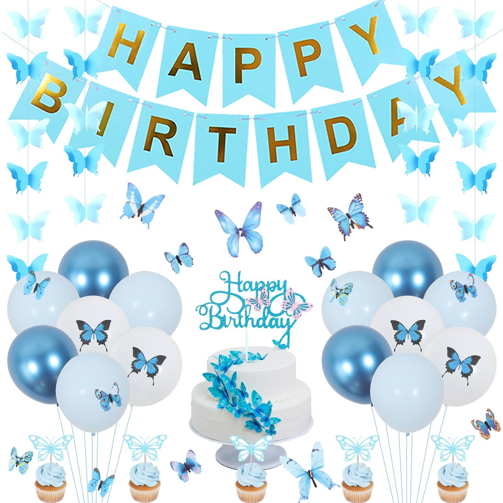 Wonmelody Light Blue Butterfly Balloon Garland for Birthday Party Decorations