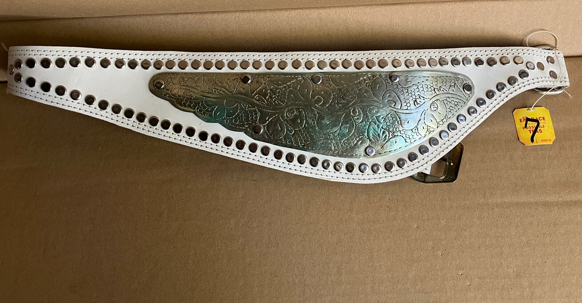 Dairi Moroccan Woven Leather Belt with Etched Brass Buckle and Stone Dairi Belt Moroccan Etch Bronze Leather Concho Hammered VTG  main image 4