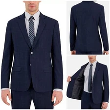 AX Armani Exchange Modern Fit Windowpane Plaid Wool Navy Blue Suit Jacket 42R