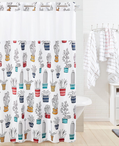 Cactus Print Fabric Shower Curtain Set with PEVA Snap-In Liner, No Hooks Require - Picture 2 of 9