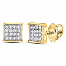10k Yellow Gold Womens Round Diamond Square Cluster Earrings 1/10 Cttw
