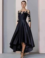 Tea-Length Mother of the Bride Dress V-Neck Satin Appliques Elegant A-line