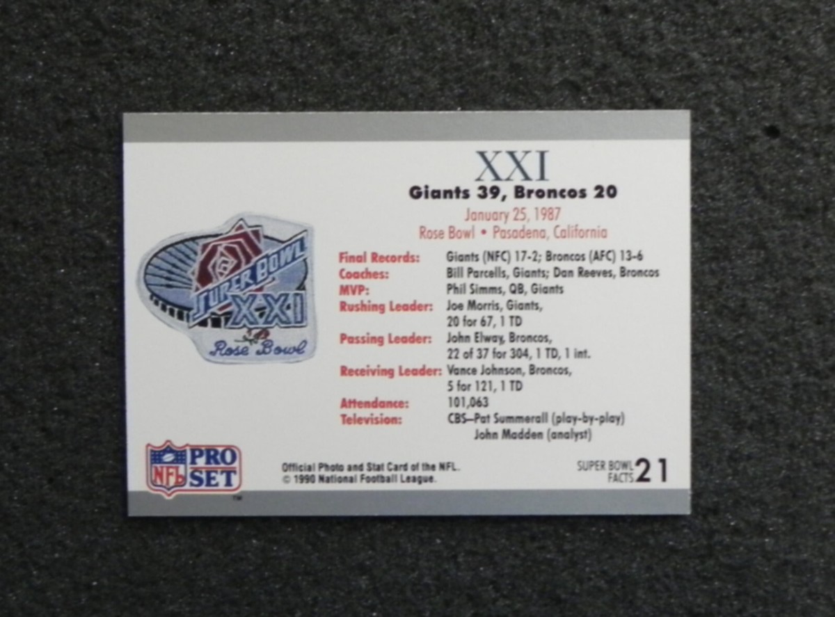 1990 PRO SET SUPER BOWL XXI _ Receive Exact Super Bowl Facts Card