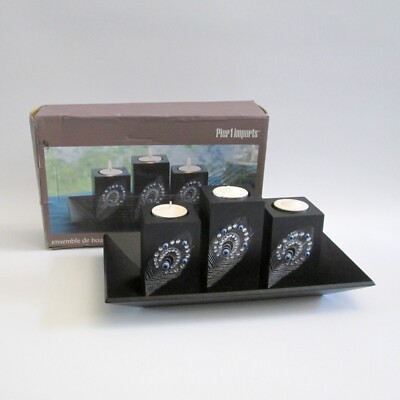 Pier 1 Imports Peacock Candlescape Tea Light Candle Holders Tray Silver Feathers