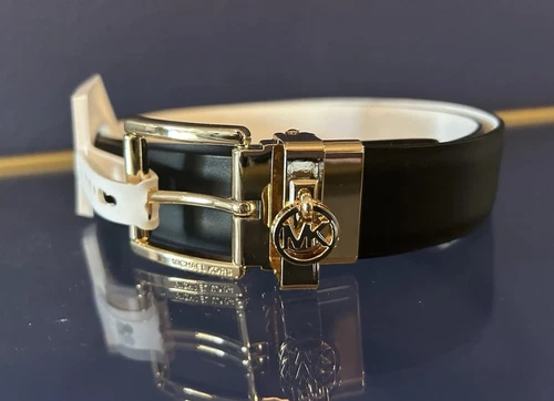 New! Michael Kors X Large Reversible Belt Black White Gold MK logo Charm - Picture 1 of 6