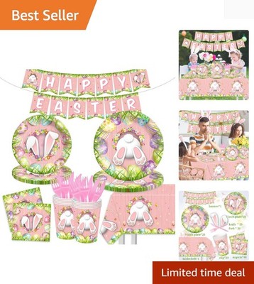 Happy Easter Decorations-42Pcs Easter Bunny Plates and Napkins Kit Pink Bunny...