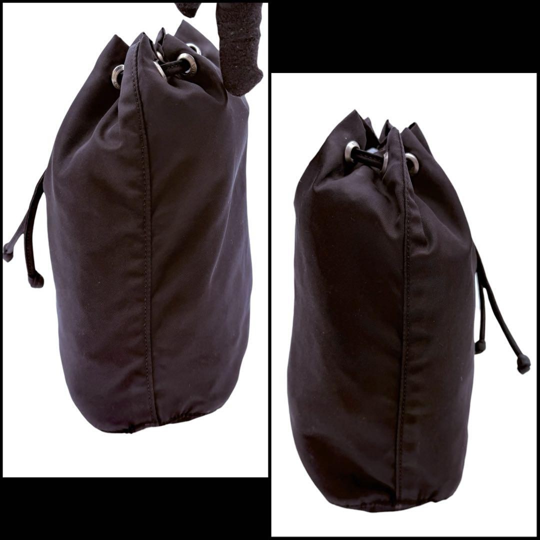 PRADA Triangle Logo Nylon Drawstring Pouch Leather Handbag Black thumbnail 3