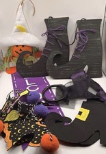 Halloween Witch Decoration Mixed Lot(4) Wooden Witchy Boots & Retro Wall Decor