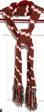 Hand Loom Knit Scarf Soft Acrylic Red Green White Variegated 100" Long x 4" Wide