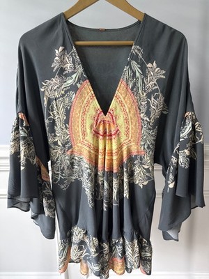 Free People Sunset Dreams Tunic Top Bell Sleeves Hippie Chic Boho V-Neck S Small