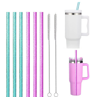 6 glitzernde Strohhalme für Stanley Cup+2 Bürsten Türkis/Pink  ø 10 mm 40 Oz