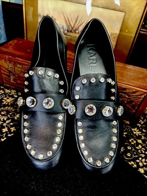Karl Lagerfeld Womens Paris Avah Studded Crystal Black Loafers Sz9.5 Retro Rhine