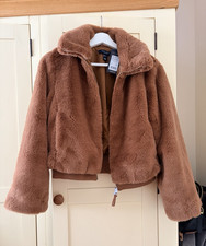 New Look Petite Teddy Coat UK 8 BNWT Camel Brown Faux Fur Zip Jacket RRP £49.99 