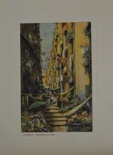 Antique Naples Italy Residential Scene Color Engraving Original Art 1929