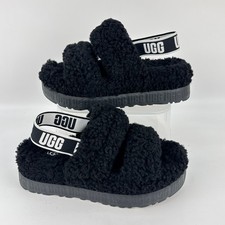 Ugg Women Oh Fluffita Platform Slingback Slides 9 Shearling Black Logo Strap