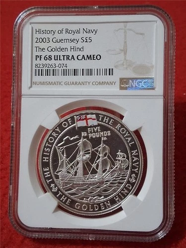 2003 History of Royal Navy HMS Guernsey S£5 NGC PF 68 UC THE GOLDEN HIND #M-4121