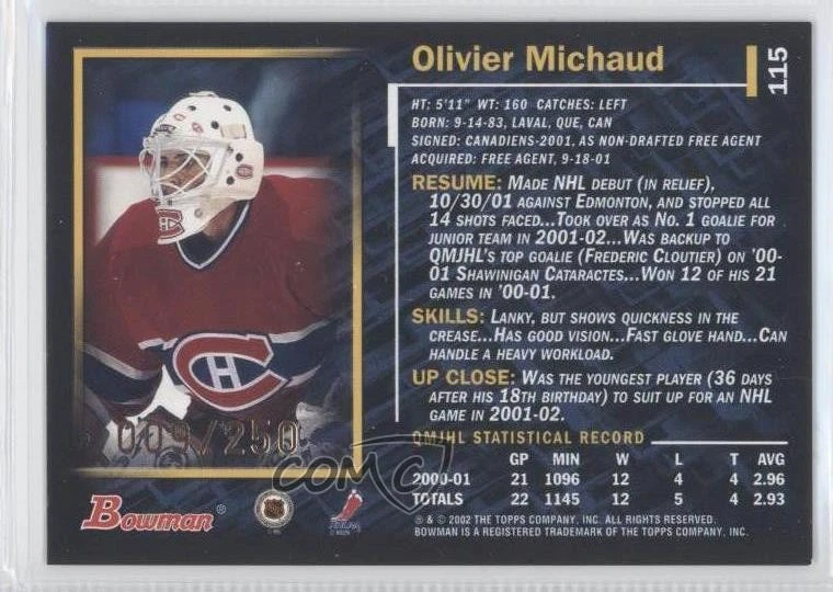 2001-02 Bowman YoungStars Gold /250 Olivier Michaud #115 Rookie RC - Image 2 of 2