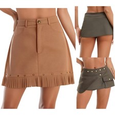 Women Retro Cowgirl Skirt Faux Suede Rivets Tasselflap Pocket Miniskirt Clubwear