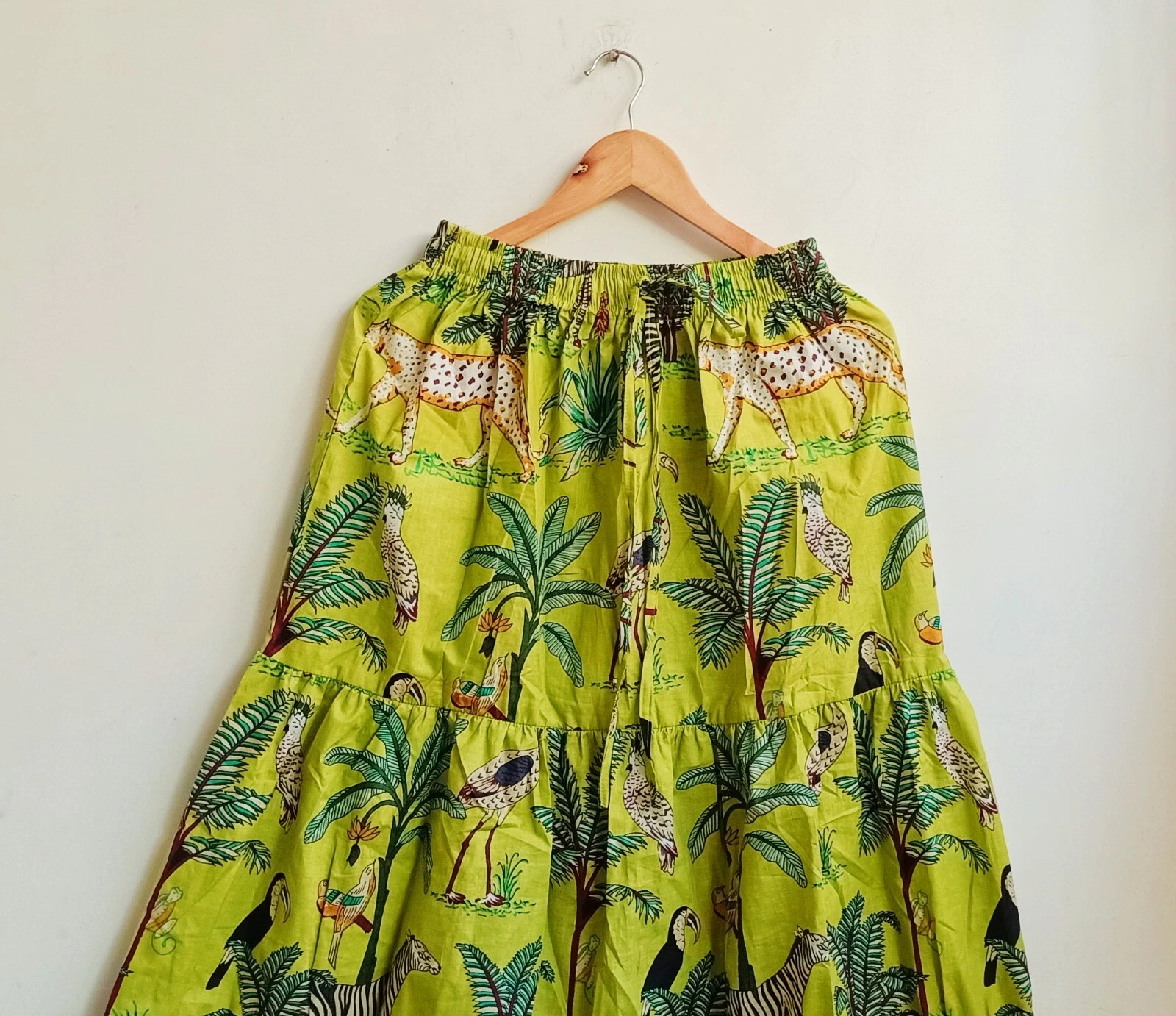 Indian Green Tiger Print Long Frill Skirt Cotton skirt Women's Clothing skirt US