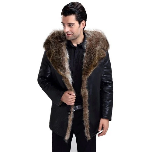 Men s Fur Coat with Fur Hooded High Quality Leather Jacket for