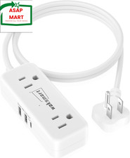 Flat Plug Extension Cord 3 Feet with 4 AC Outlets 3 USB Ports 5V/3.4A 17W , Fla