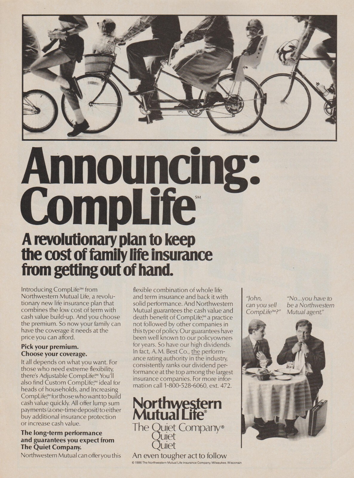 1986 Northwestern Mutual Life Insurance - Tandem Bicycle Dog Basket - Print Ad