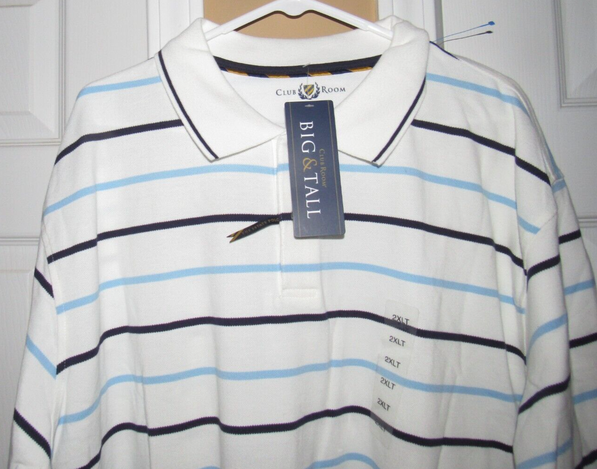 NWT New CLUB ROOM MACYS Mens 2XLT Tall Polo Shirt White Blue Stripe Cotton  S/S