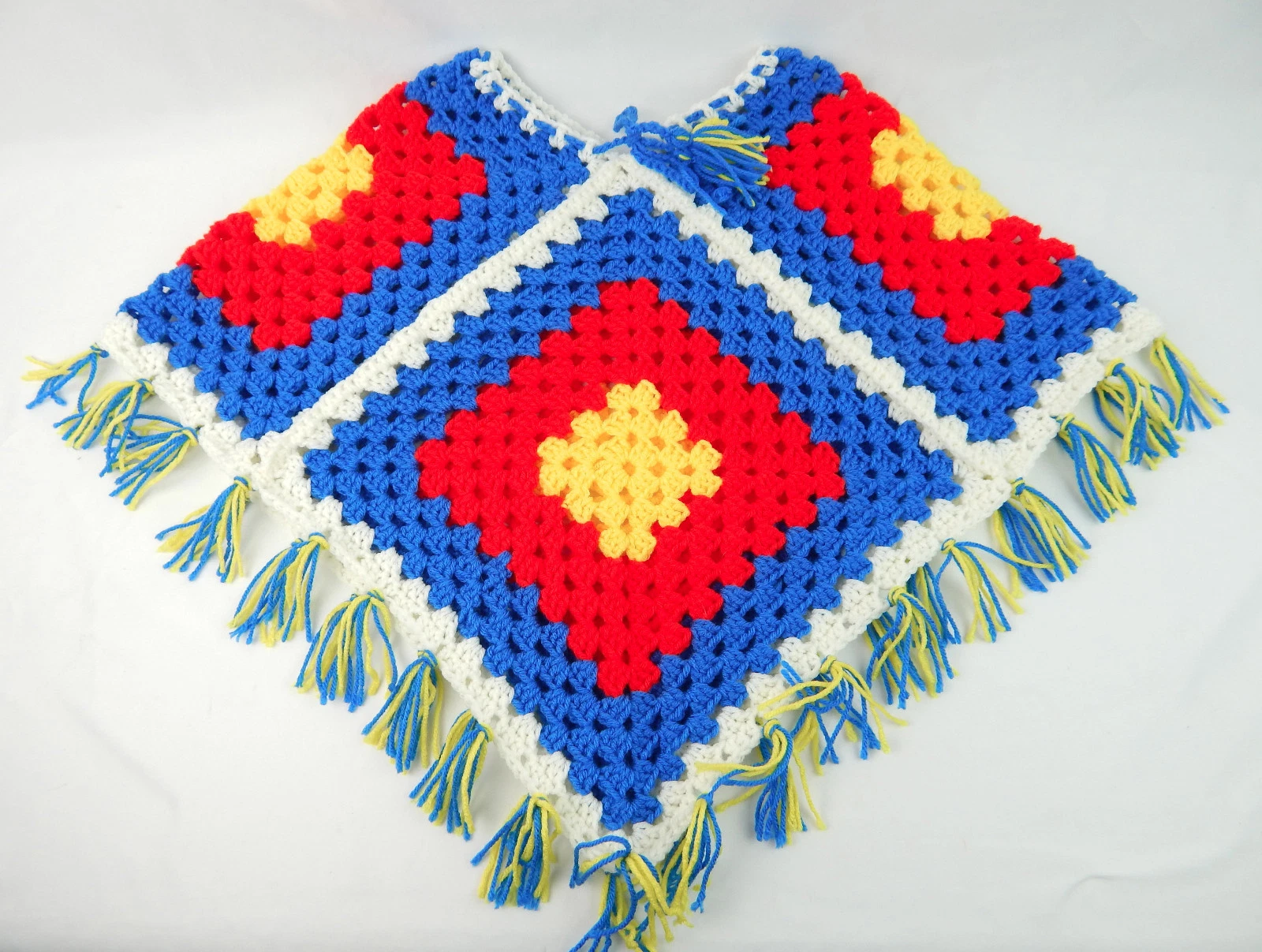 Youth / Girls Boho Crochet Poncho Shawl Handmade Granny Square Blue Red Yellow