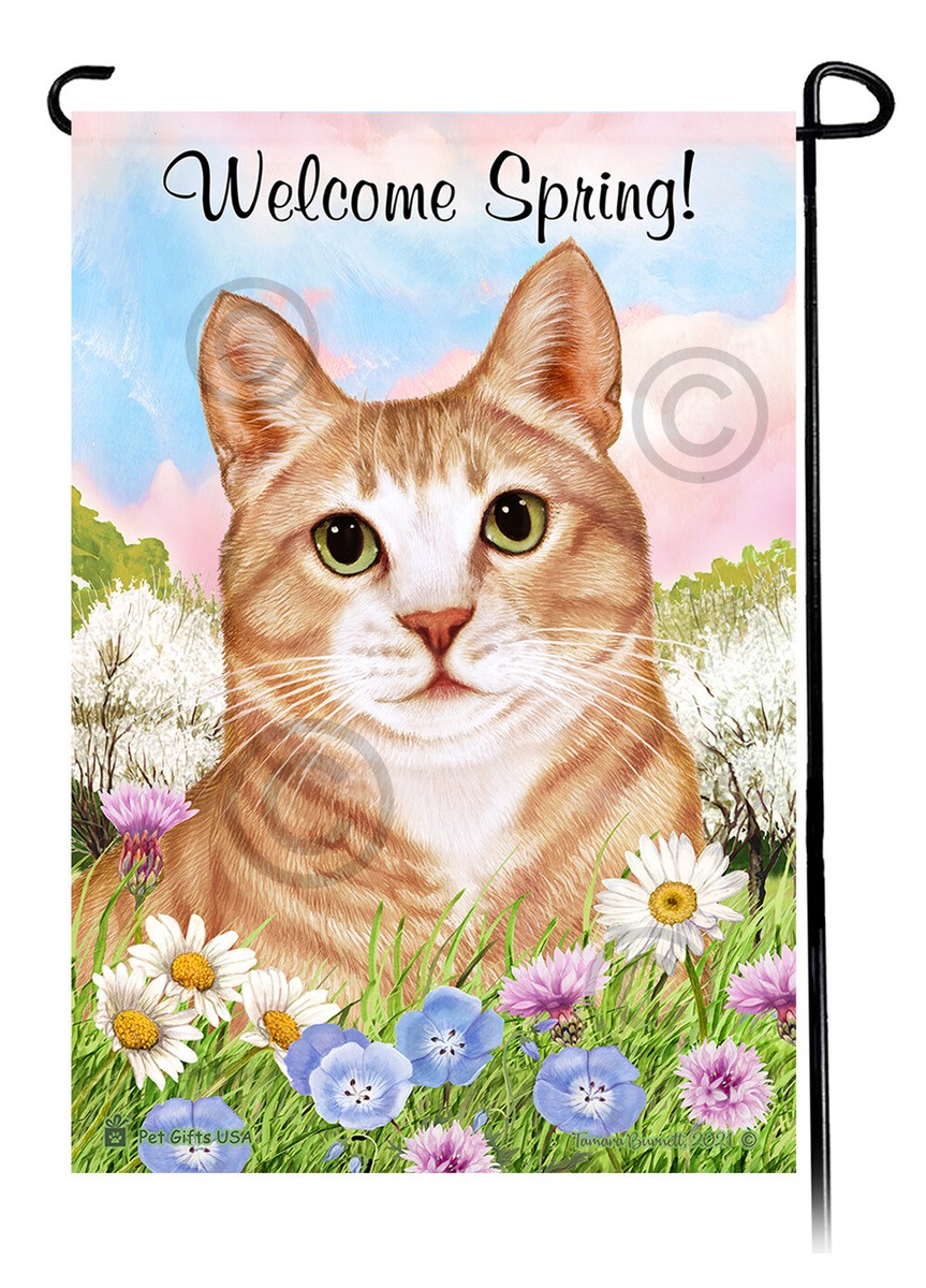 Cream/White Tabby Tuxedo Cat Welcome Spring Flowers Garden Flag