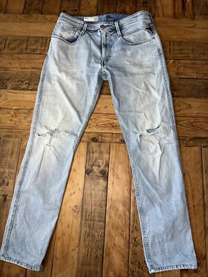 Replay Jeans (A7) Mens 33W 31L Blue Faded ANBASS M914 Destroyed Skinny Leg Denim