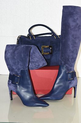 Neu Satz Roger Vivier Tintenblau Bauletto Metro Tasche + Ale Miss Boots Schuhe
