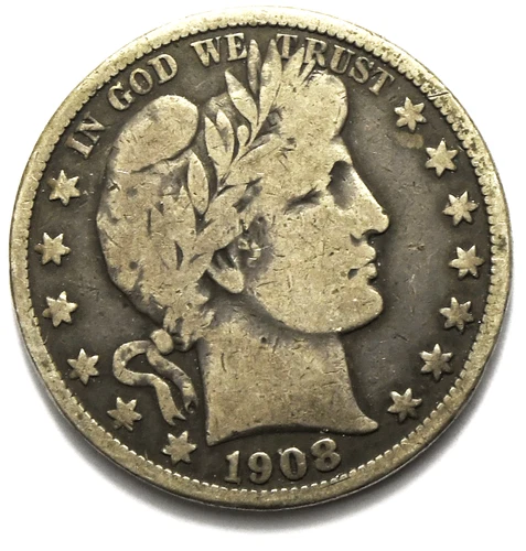 1908 O 50c Barber Silver Half Dollar Fifty Cents US New Orleans