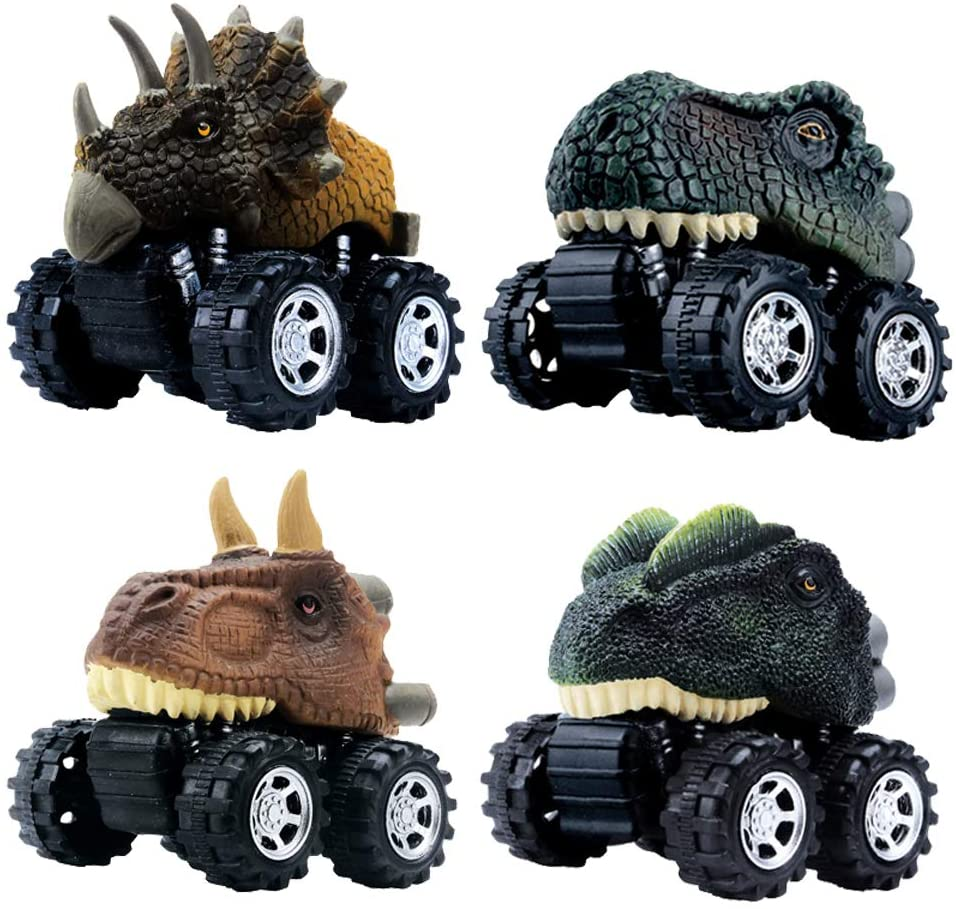 DINOBROS 4-Pack Pull Back Dinosaur Cars for Kids Age 3+ Boys Girls Toddlers