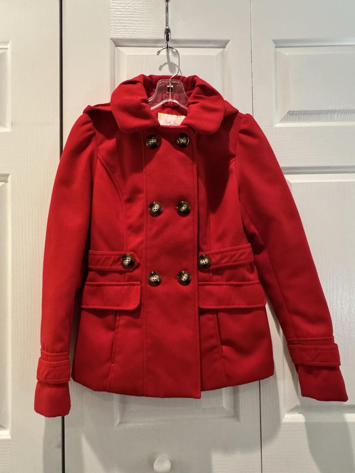 Pink Envelope Red Polyester Double Breasted Pea C… - image 1