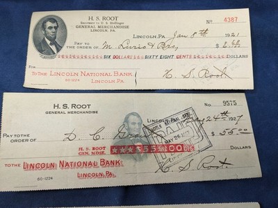 9 x check H.S. Root, Lincoln PA, Lincoln vignette, 2 versions