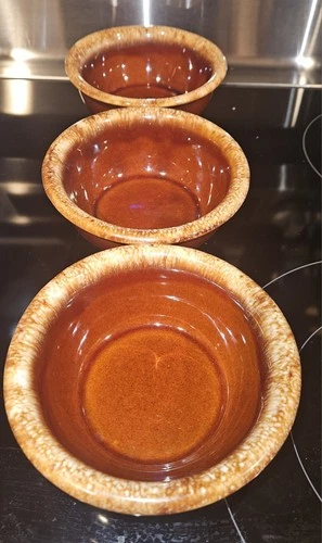 Hull Oven Proof Brown Ceramic Art Pottery Glossy Bowl Set Three-Piece