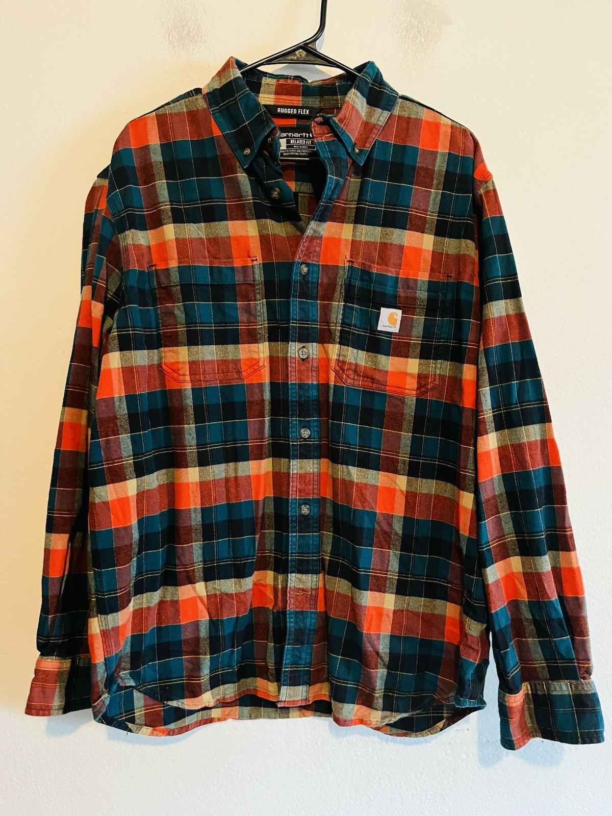 Carhartt Rugged Flex Flannel Shirt Mens Large Blue Orange Plaid Relaxed Fit